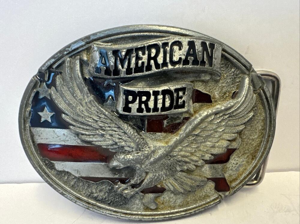 Vintage Chrome American Flag Eagle Belt Buckle Red White Blue Patriotic USA 3D